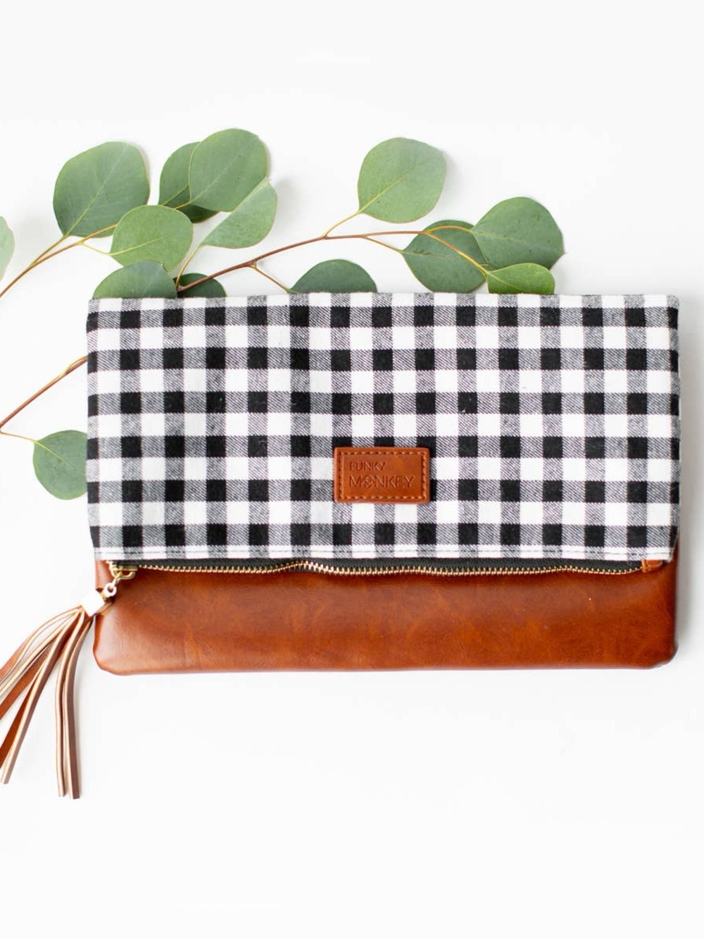 NWOT Funky Monkey Gingham Foldover Clutch in Black & White with Tan Base